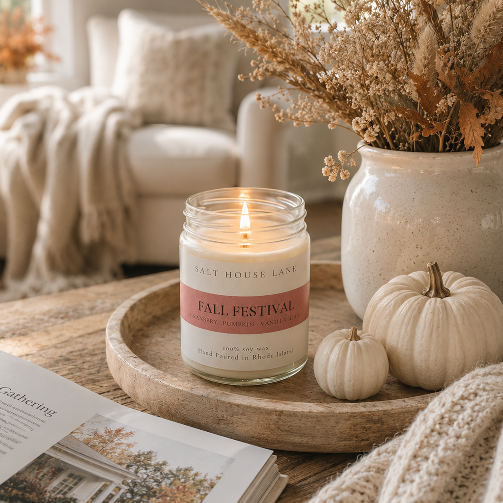 A lit candle in a glass jar sits on a wooden tray in a cozy living room setting, surrounded by dried flowers in a ceramic vase, small pumpkins, and a knit blanket. The candle label reads 'Salt House Lane' and 'Fall Festival'.