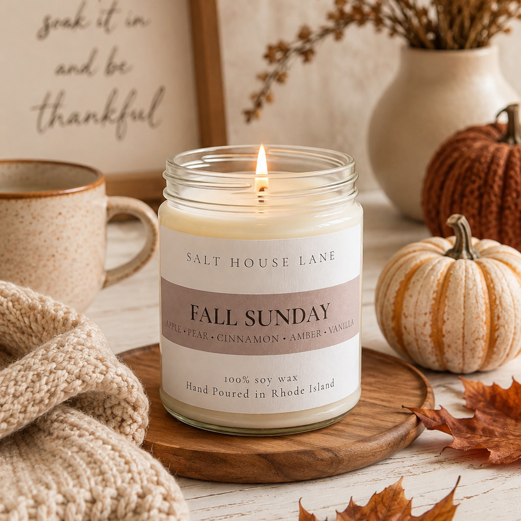 A lit jar candle labeled 'FALL SUNDAY' by Salt House Lane, styled on a wooden tray with autumn leaves, pumpkins, a knit blanket, a mug, and a framed quote in a warm home setting.