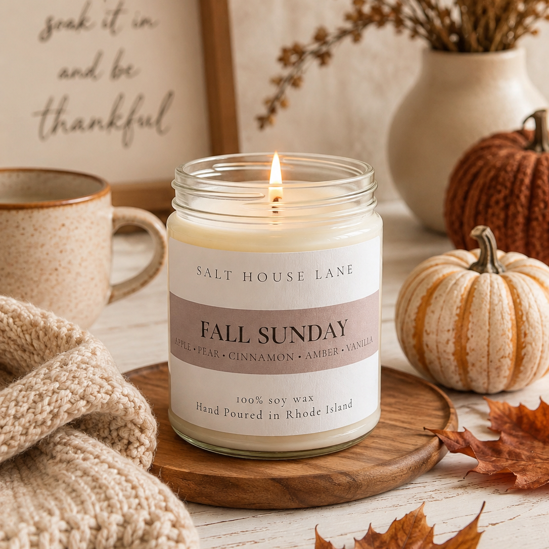 A lit jar candle labeled 'FALL SUNDAY' by Salt House Lane, styled on a wooden tray with autumn leaves, pumpkins, a knit blanket, a mug, and a framed quote in a warm home setting.