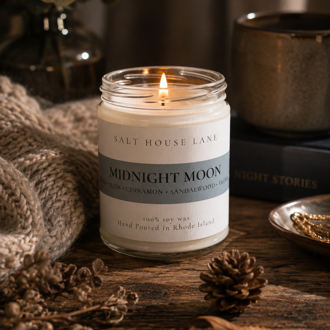 A lit candle in a clear glass jar with a cream label reading 'SALT HOUSE LANE' and 'MIDNIGHT MOON,' styled on a rustic wooden surface with pinecones, dried leaves, a knit blanket, and a book in the background.