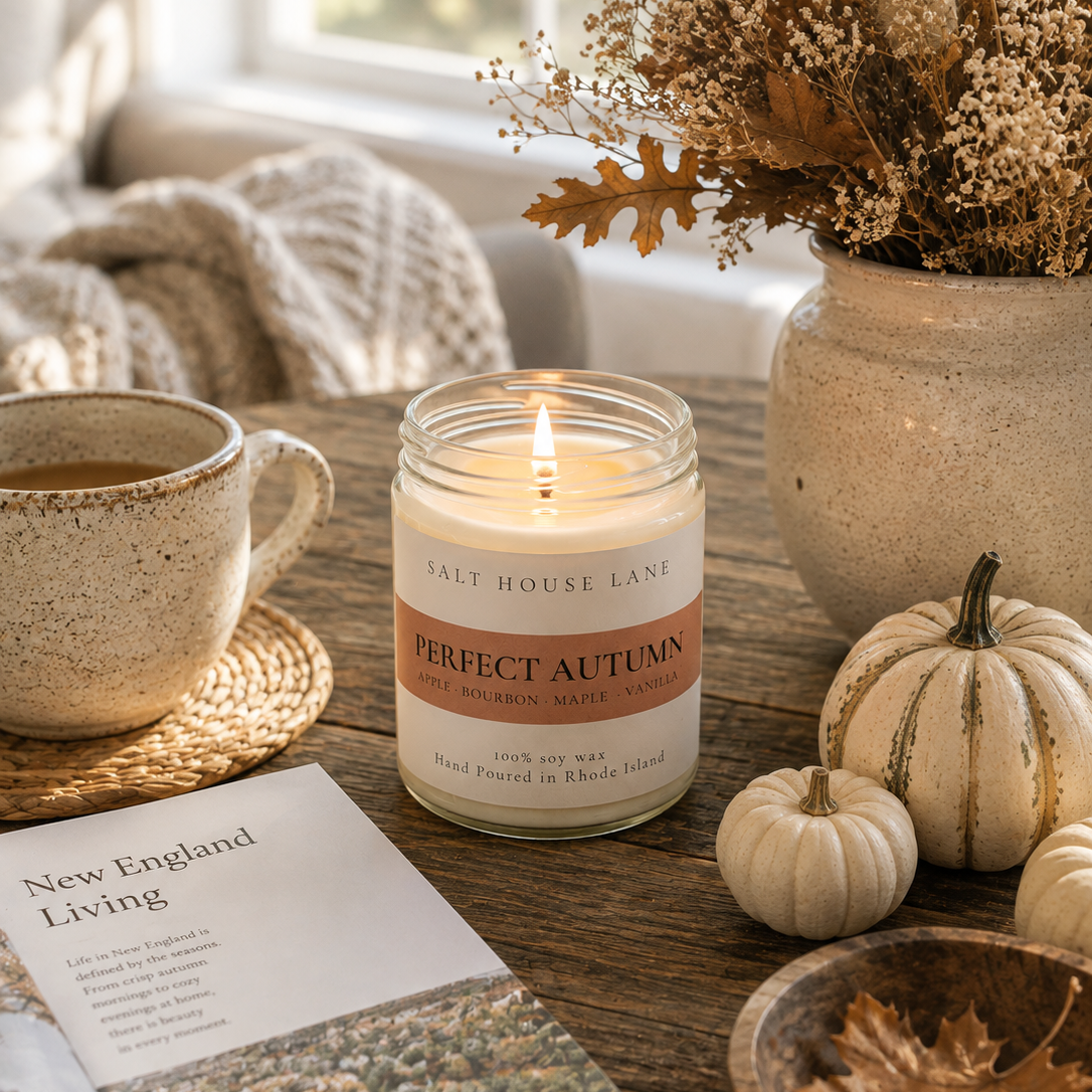 A lit candle in a clear glass jar sits on a wooden table in a cozy autumn setting, surrounded by a ceramic mug, dried flowers in a vase, small pumpkins, a bowl with a leaf, and a magazine. The candle label reads 'SALT HOUSE LANE' and 'PERFECT AUTUMN'.